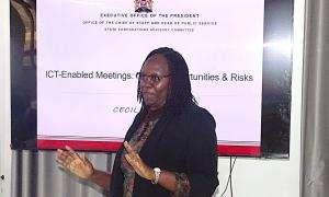Ms. Cecilia Mbothu, State Corporations Advisory Committee (SCAC) official, highlighting the importance of ICT enabled meetings; Ethics, opportunities and risks on day two (17.6.2026) of the exercise.
